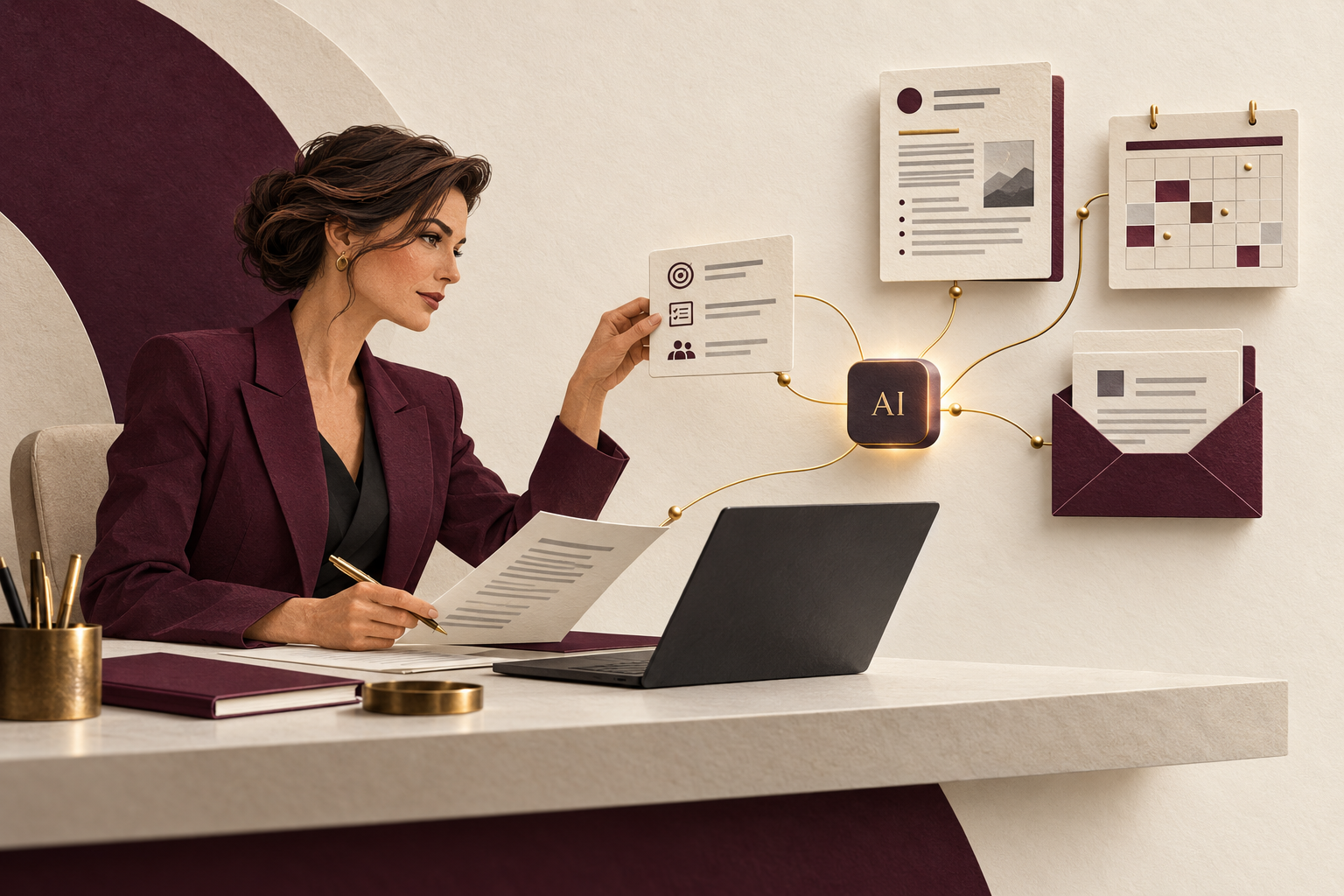 Editorial illustration of an Executive Assistant briefing AI support and reviewing its work, with a briefing document, calendar and draft email