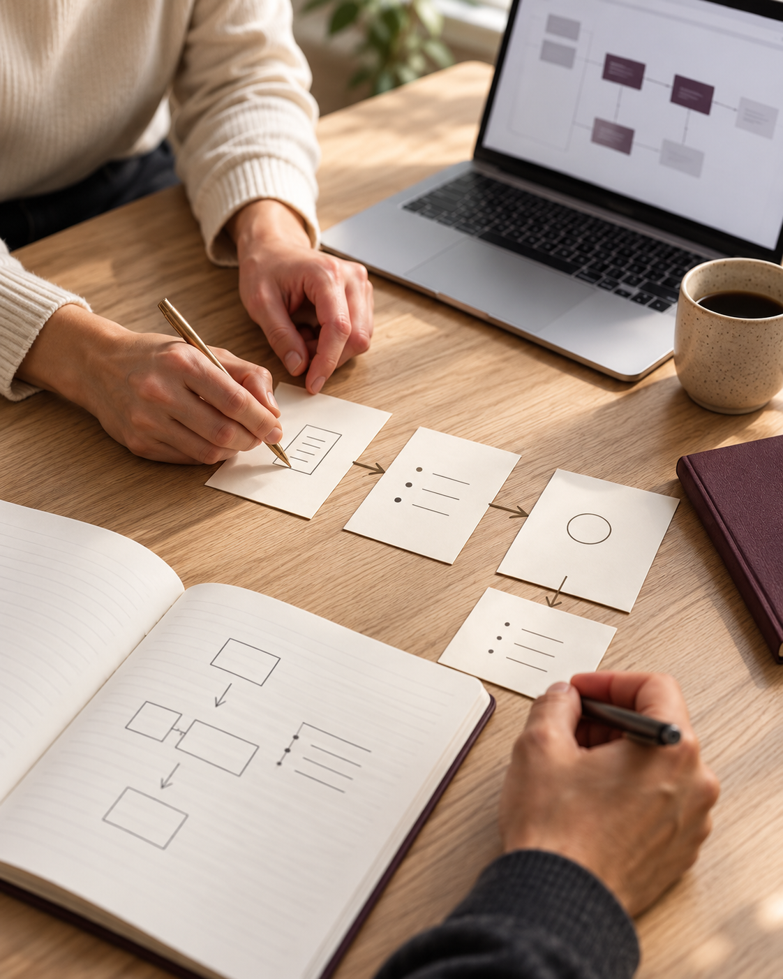 Two people working together to map a practical workflow with notes and a laptop